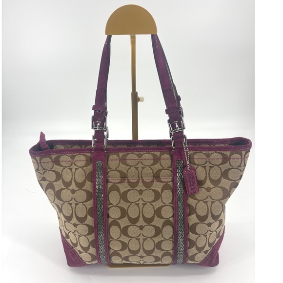 Coach Handbags - Coach Signature Canvas Tote Suede Trim Purple Interior Shoulder Bag‎